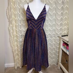 Dress the Population Metallic Striped V Neck Pleated Midi Cocktail Dress Small